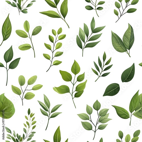 Seamless Natural Pattern with Fresh and Vibrant Green Leaves on White Background photo