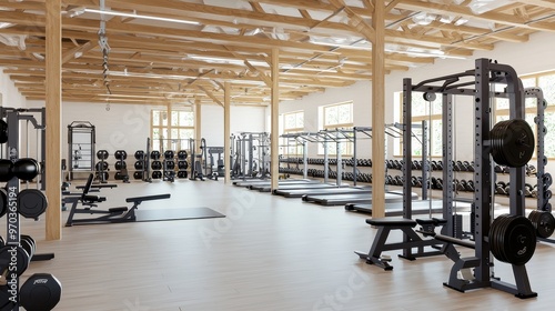 Modern Gym Interior with Exposed Wooden Beams and Weight Lifting Equipment