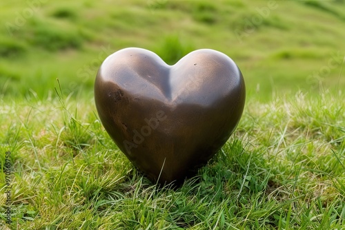 Dented Bronze Heart on Grassy Knoll Representing Broken Relationships and Emotional Pain photo