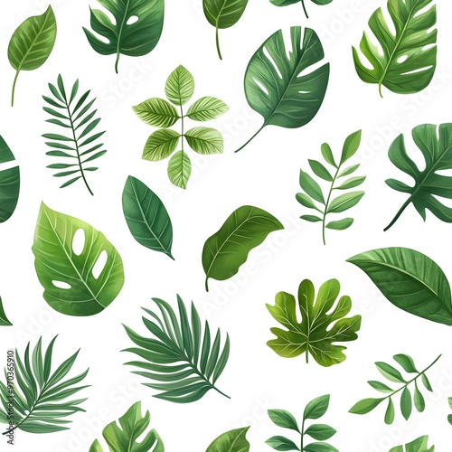 Seamless Pattern of Fresh and Vibrant Natural Leaves on Plain White Background