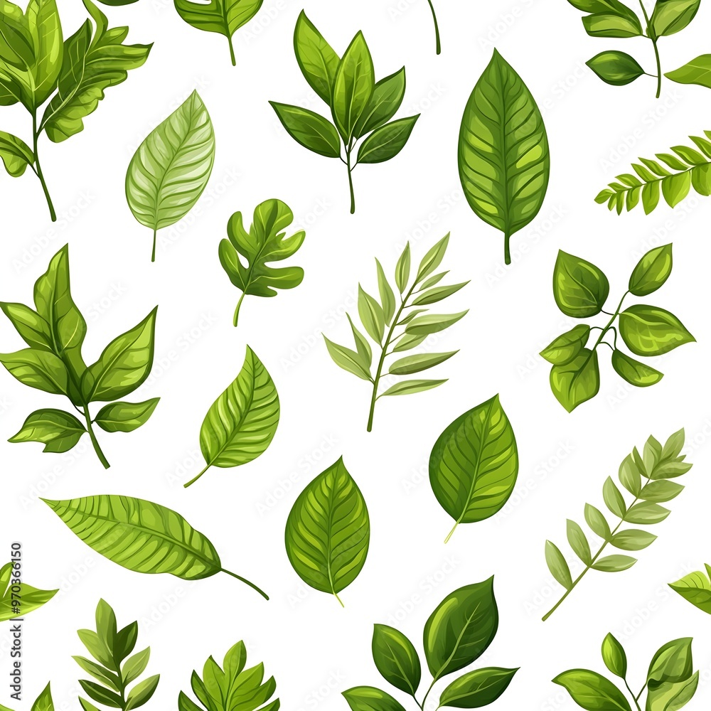 Seamless pattern of vibrant and diverse green leaves on white background with natural and fresh look Seamless pattern of vibrant and diverse green leaves on white background with natural and fresh look
