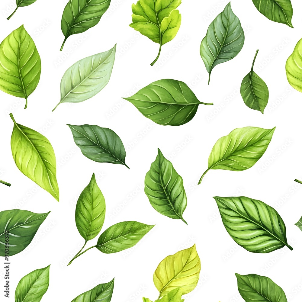 Seamless Nature Pattern with Variety of Fresh Green Leaves on White Background Seamless Nature Pattern with Variety of Fresh Green Leaves on White Background