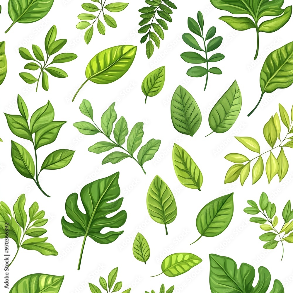Fototapeta premium Seamless pattern with various green leaves on white background
