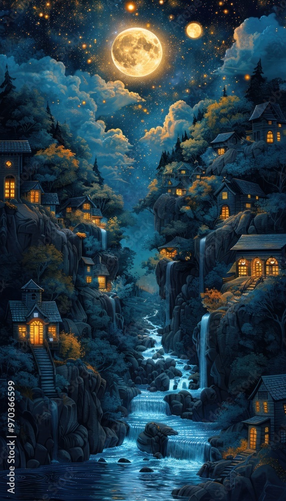 Fototapeta premium Enchanted Waterfall Village Under a Starry Night