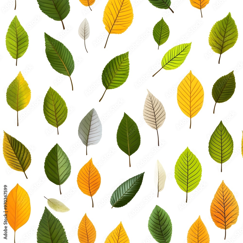 Vibrant Foliage Pattern A Seamless Arrangement of Natural Leaves in Diverse Hues on a Clean Background Vibrant Foliage Pattern A Seamless Arrangement of Natural Leaves in Diverse Hues on a Clean Background