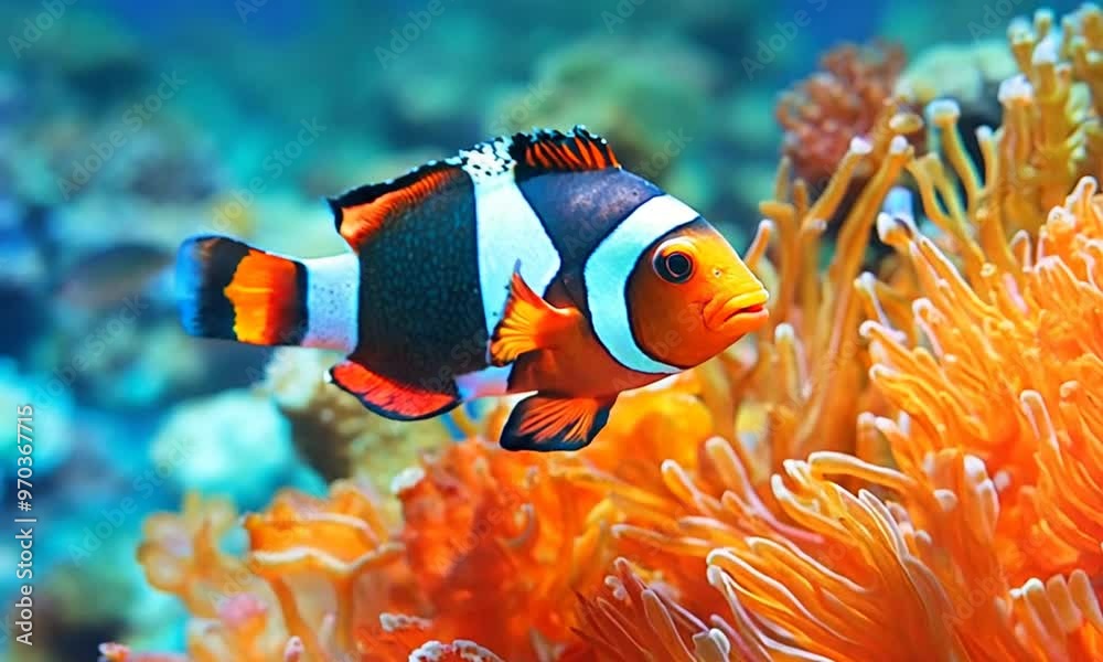 Clown fish swimming happily among beautiful orange coral reefs