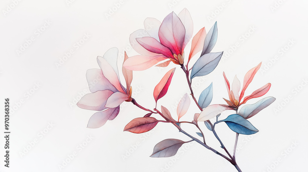 A delicate watercolor illustration of pink and blue magnolia flowers on a soft white background, perfect for spring-themed designs. A delicate watercolor illustration of pink and blue magnolia flowers on a soft white background, perfect for spring-themed designs.