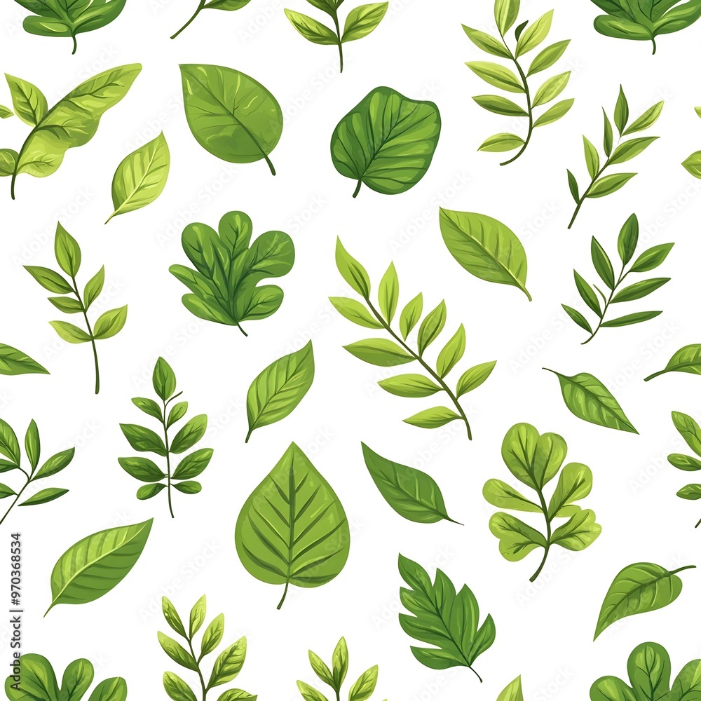 Seamless Pattern of Natural and Fresh Diverse Leaves on White Background Seamless Pattern of Natural and Fresh Diverse Leaves on White Background