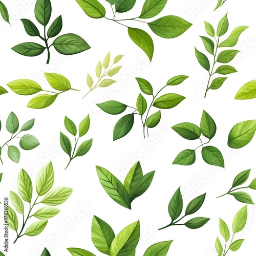 Seamless Floral Pattern with Fresh Green Leaves on White Background