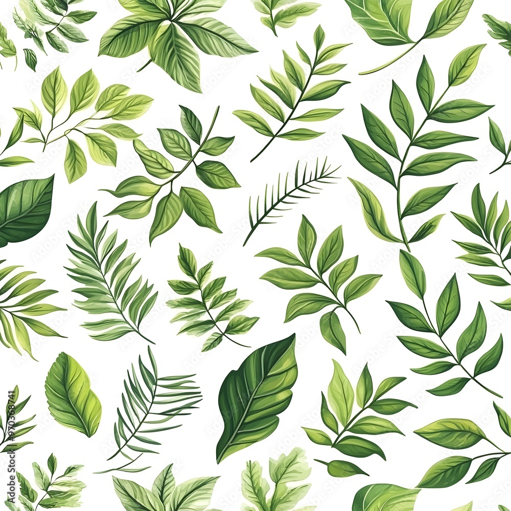 Fototapeta premium Natural Seamless Pattern with Vibrant Lush Botanical Leaves on White Background