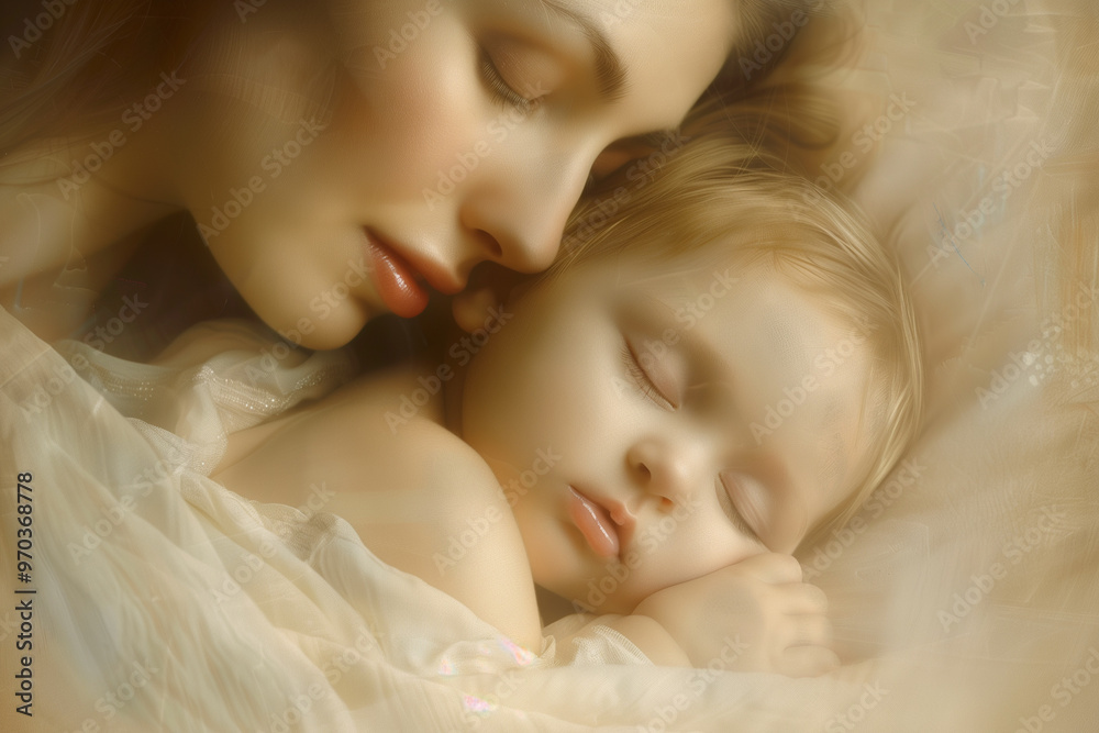 Tranquil scene of a mother and baby peacefully sleeping in serenity Tranquil scene of a mother and baby peacefully sleeping in serenity