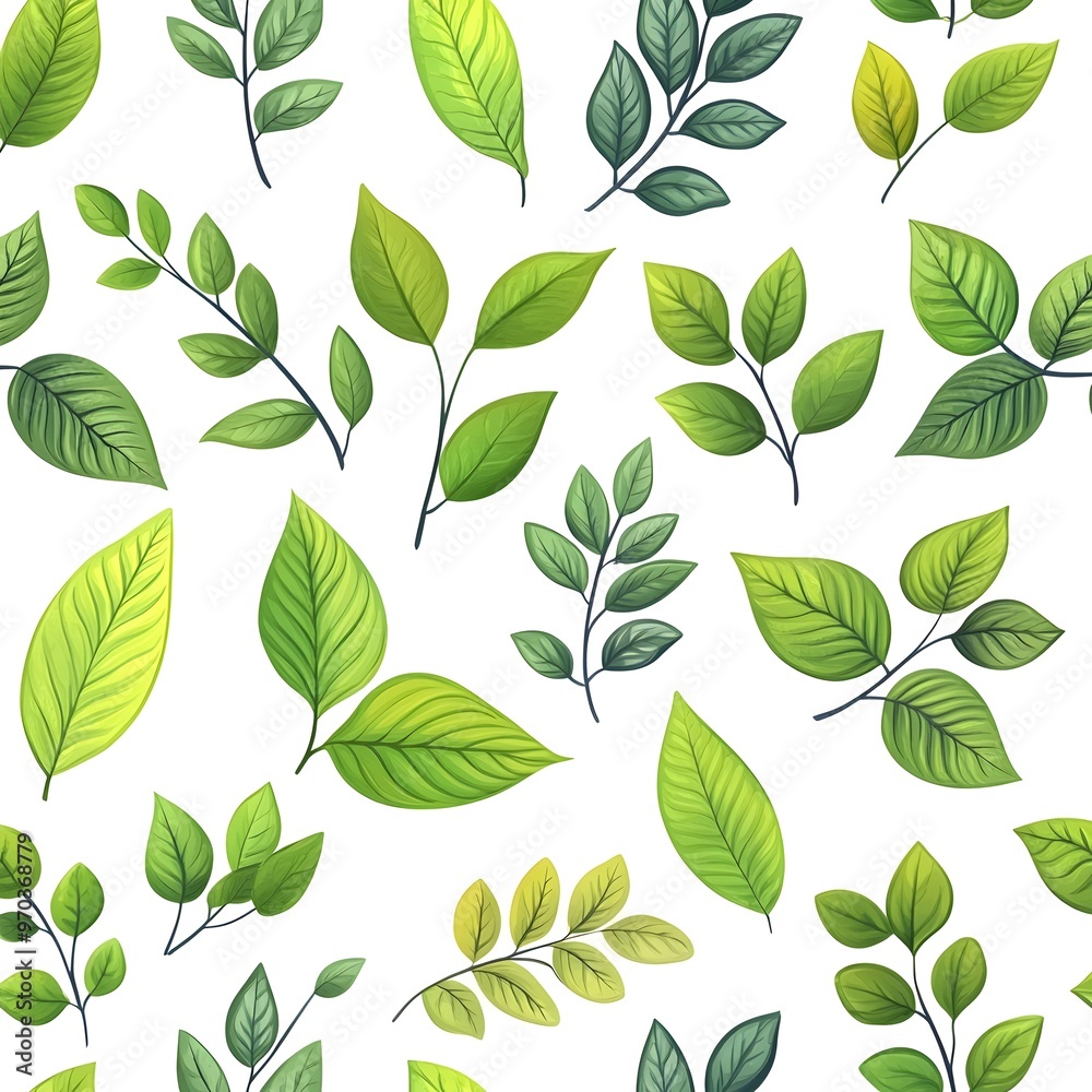 Seamless Natural Pattern with Various Fresh Green Leaves on White Background Seamless Natural Pattern with Various Fresh Green Leaves on White Background