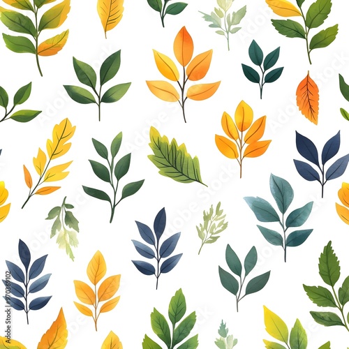 Elegant Botanical Seamless Pattern with Fresh Natural Leaves and Foliage on White Background