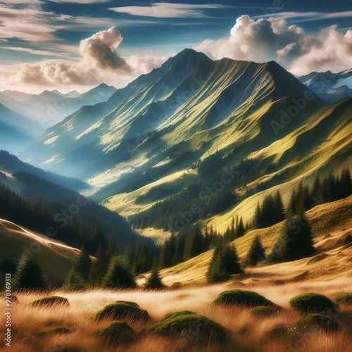  mountain landscape with slope with alpine weadows on a foreground photo