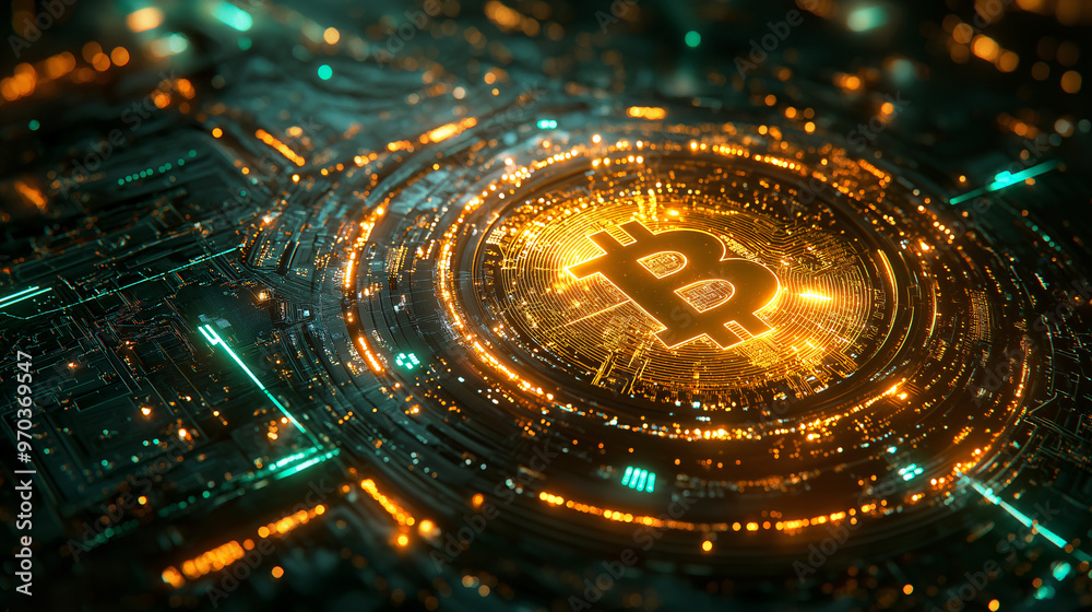 A visually stunning digital representation of Bitcoin symbol surrounded by intricate circuitry and glowing lights, capturing essence of cryptocurrency technology and innovation A visually stunning digital representation of Bitcoin symbol surrounded by intricate circuitry and glowing lights, capturing essence of cryptocurrency technology and innovation