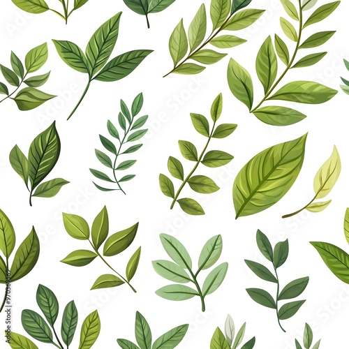 Seamless Natural and Fresh Leaves Pattern on White Background