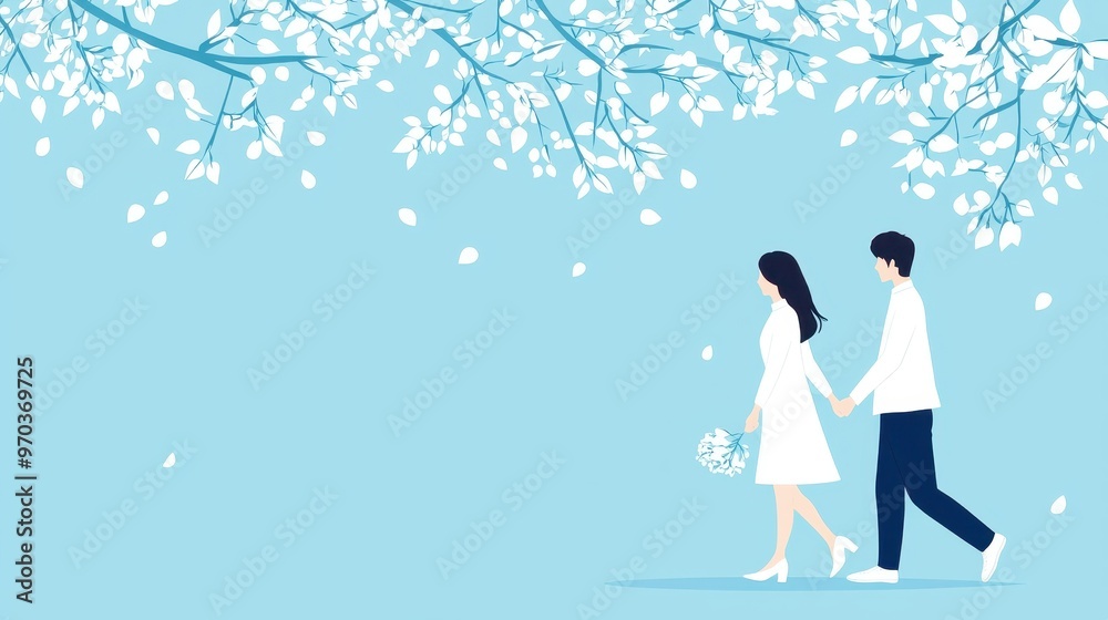 Obraz premium Couple Walking Under a Tree with Falling Flowers