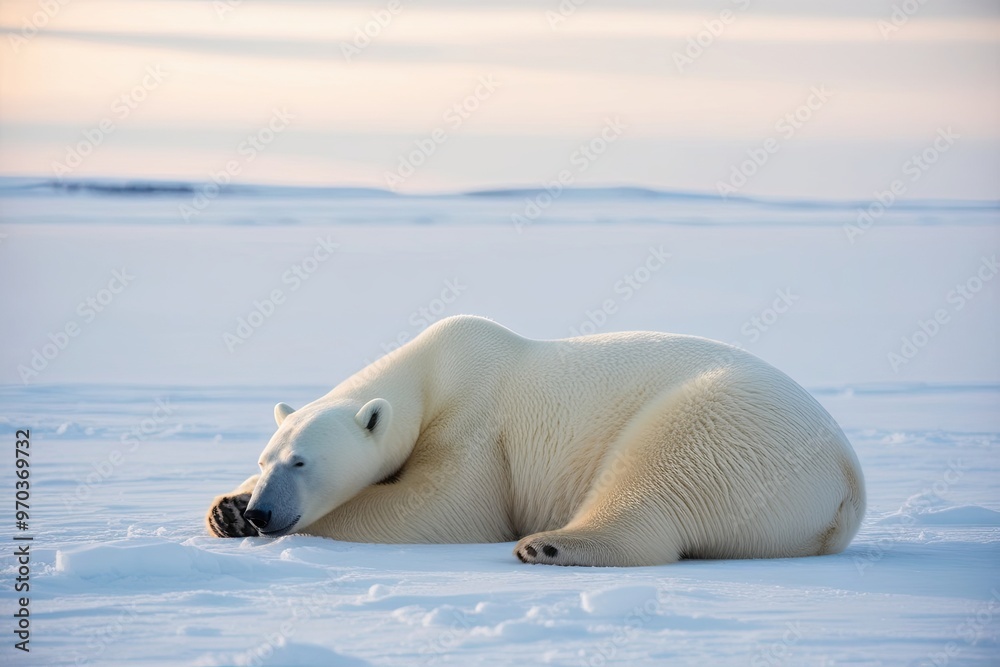 Fototapeta premium Polar Bear Sleeping on Snowy Landscape in Peaceful Winter Scene