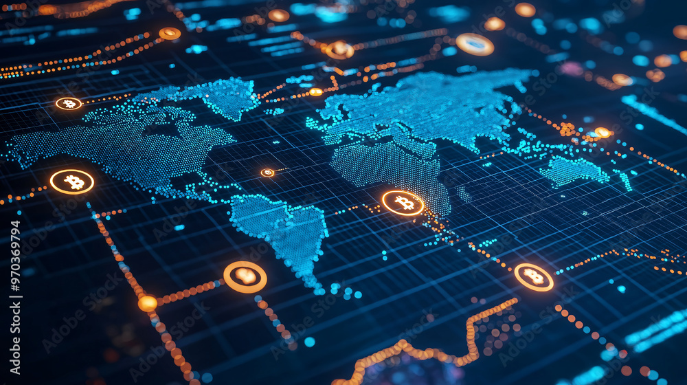 A digital world map showcasing financial data and cryptocurrency symbols, illuminated in blue and orange tones, reflects interconnectedness of global finance A digital world map showcasing financial data and cryptocurrency symbols, illuminated in blue and orange tones, reflects interconnectedness of global finance