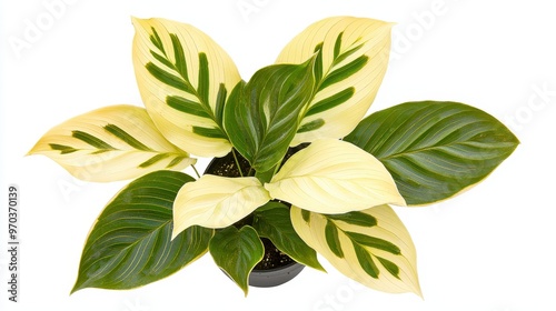 Variegated Calathea Plant in Pot  Top View  White Background photo