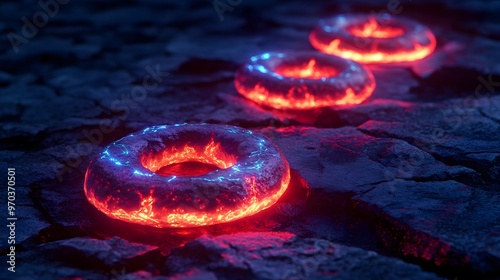 Wallpaper Mural Glowing Neon Rings on Dark Volcanic Rock Torontodigital.ca