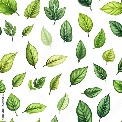 Vibrant and fresh seamless pattern with various natural green leaves on white background