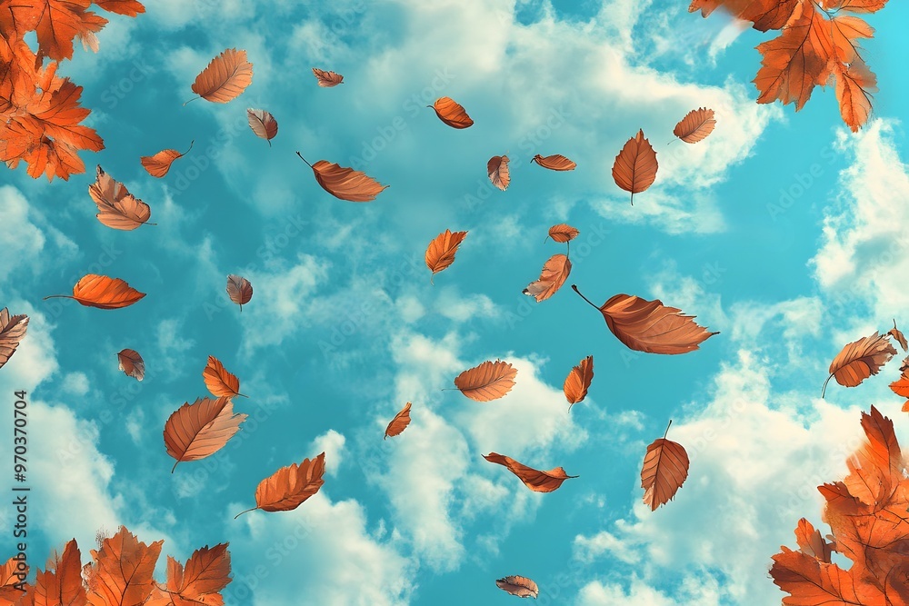 Autumn Leaves Falling Against a Blue Sky With Clouds Autumn Leaves Falling Against a Blue Sky With Clouds