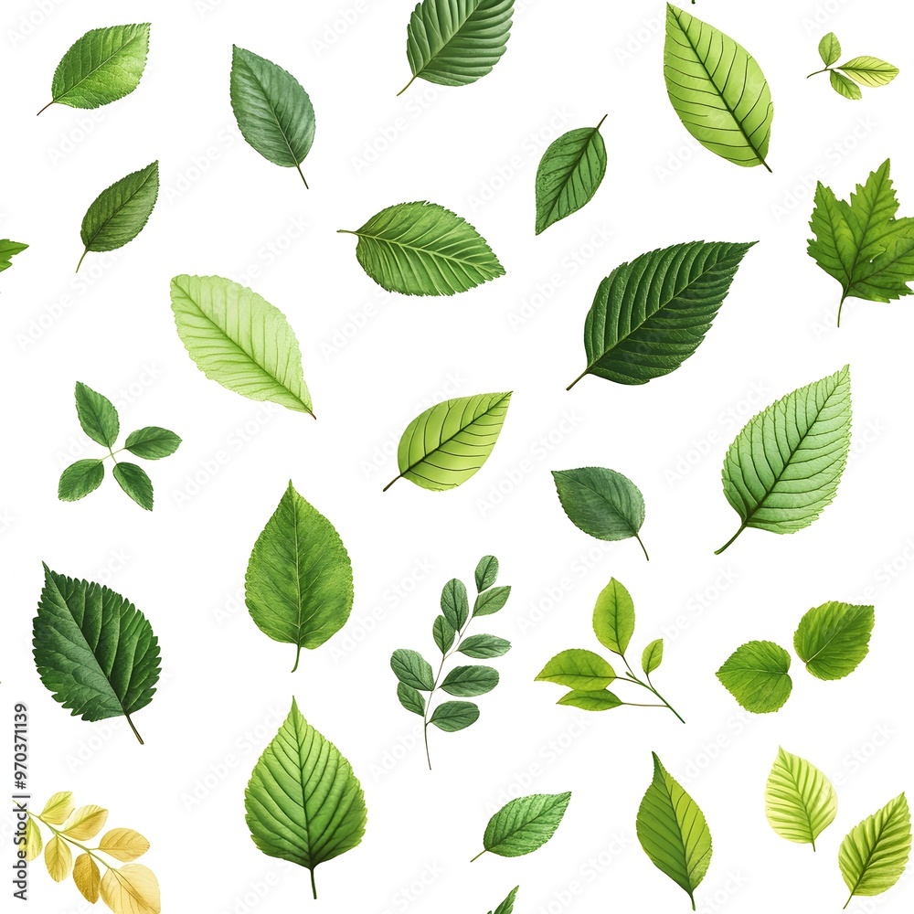 Naklejka premium Seamless Pattern with Diverse Natural and Fresh Leaves on Clean White Background