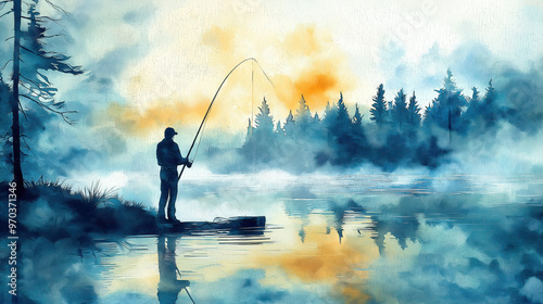 A serene watercolor painting of a fisherman casting a line on a tranquil lake at sunrise, surrounded by misty forests.