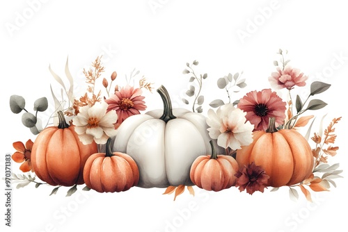 Watercolor Fall Pumpkins   Flowers Border Illustration