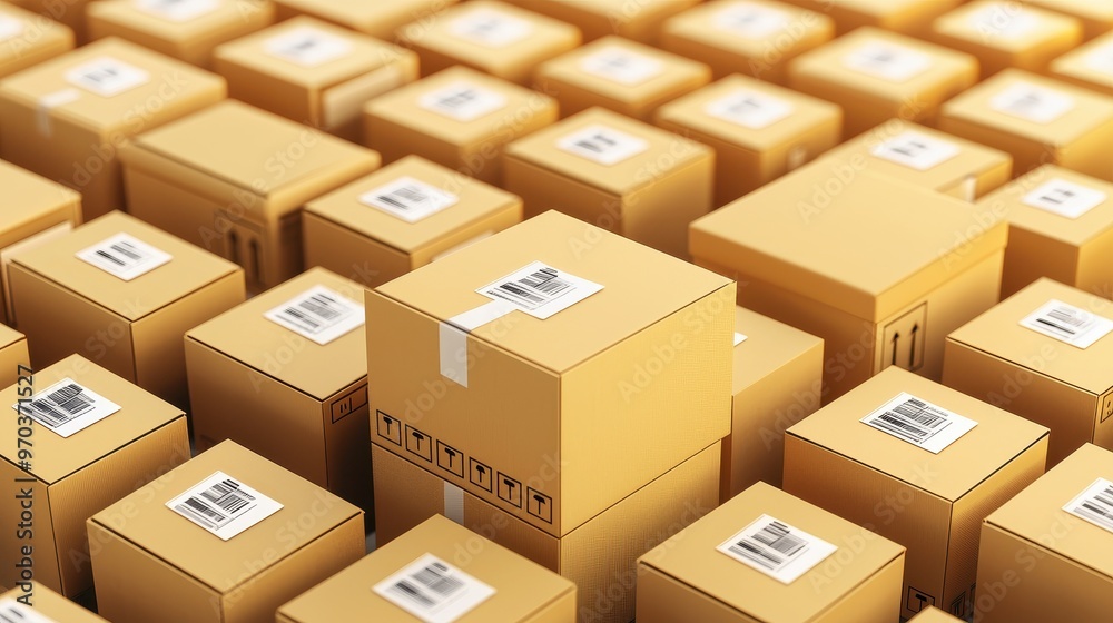 Fototapeta premium Stack of Cardboard Boxes with Barcodes and Shipping Labels