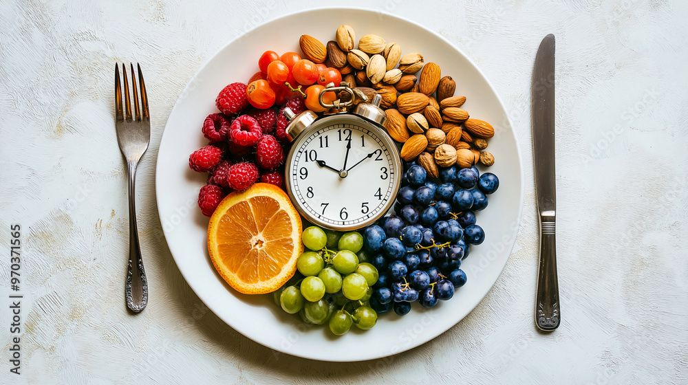 A vibrant plate of fruits and nuts arranged with clock symbolizes importance of time in healthy eating. This colorful display includes raspberries, blueberries, grapes, almonds, and an orange, evoking A vibrant plate of fruits and nuts arranged with clock symbolizes importance of time in healthy eating. This colorful display includes raspberries, blueberries, grapes, almonds, and an orange, evoking