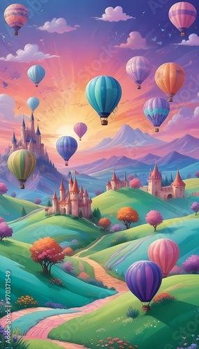 digital painting Captivating hot air balloons with colorful fantasy landscape