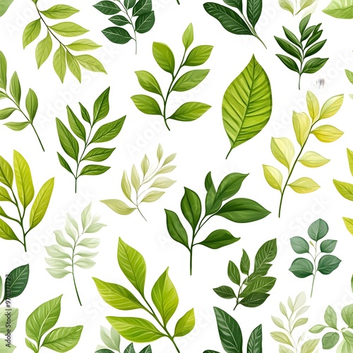 Vibrant and Captivating Seamless Pattern of Diverse Natural Leaves on Clean White Background