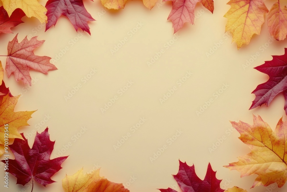 Colorful autumn leaves arranged on a soft beige background, creating a simple and elegant fall-themed frame with warm tones Colorful autumn leaves arranged on a soft beige background, creating a simple and elegant fall-themed frame with warm tones