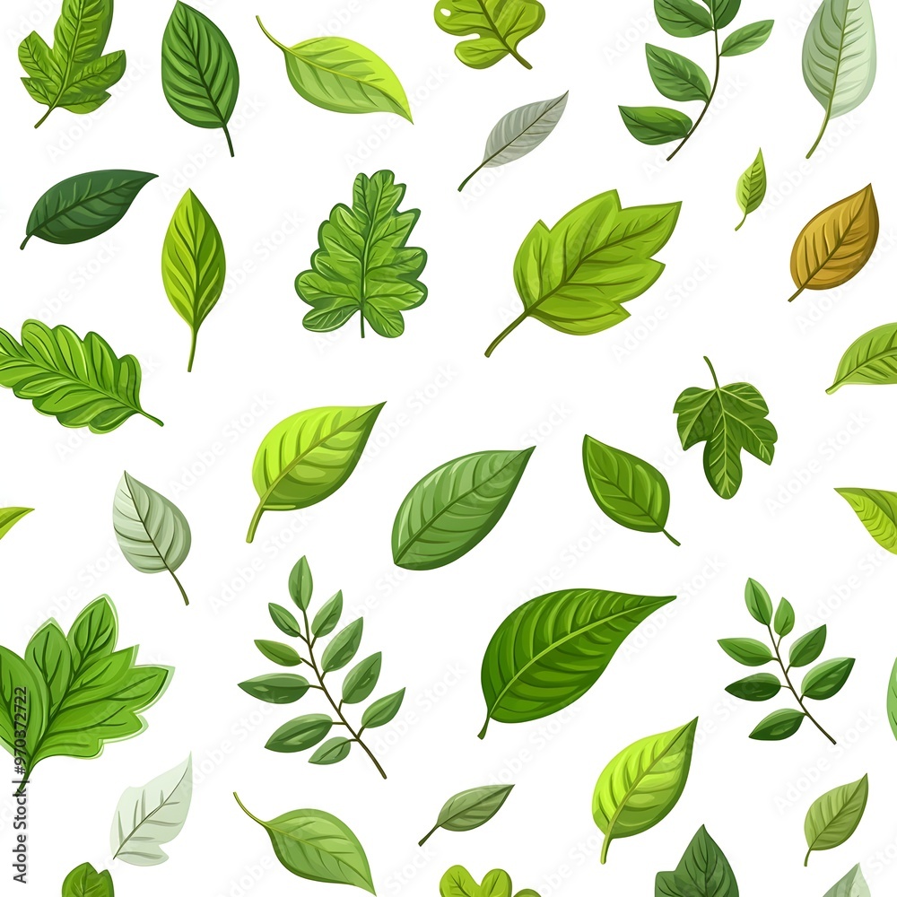 Seamless Pattern with Fresh Natural Leaves on White Background Seamless Pattern with Fresh Natural Leaves on White Background
