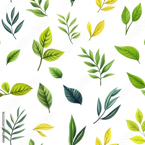 Seamless Pattern with Various Fresh and Natural Leaves on White Background