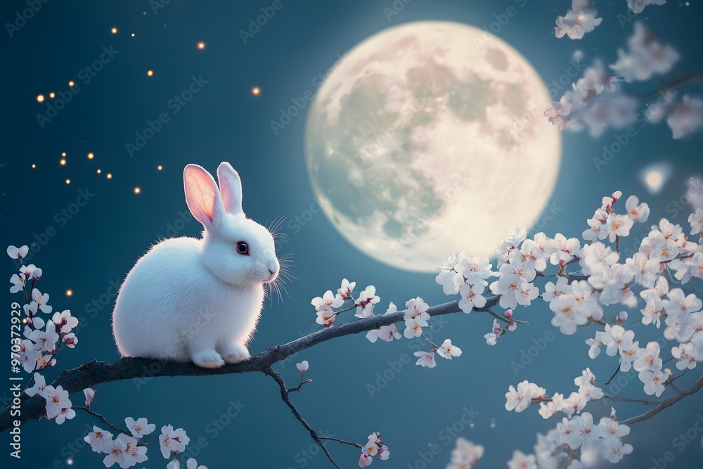White Rabbit Sitting on a Branch with Cherry Blossoms and Full Moon White Rabbit Sitting on a Branch with Cherry Blossoms and Full Moon