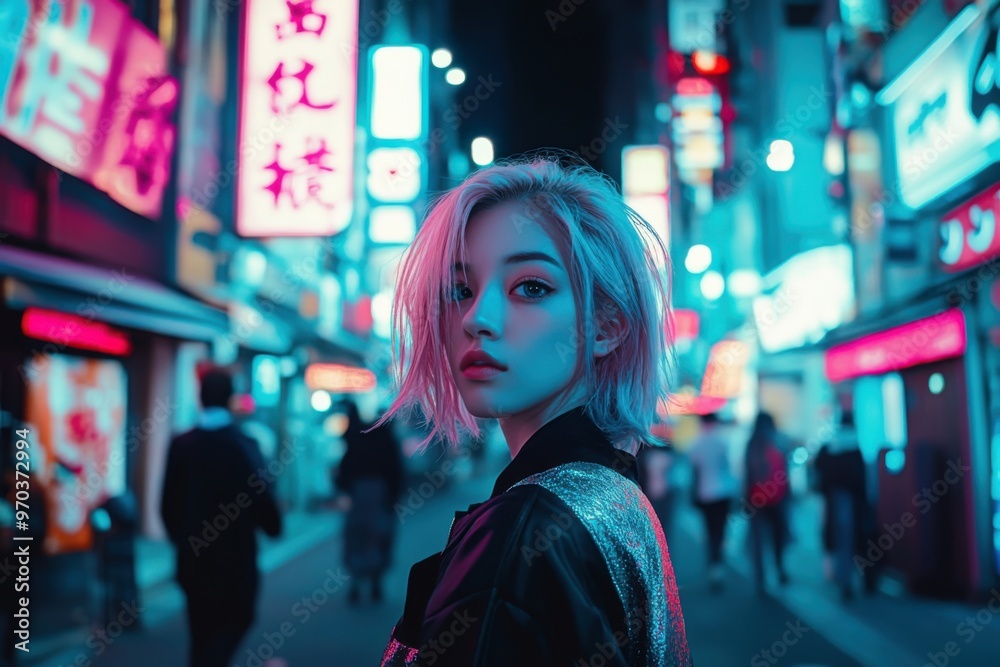 Young woman with short blonde hair in a neon-lit city street at night, creating a vibrant and modern cyberpunk atmosphere Young woman with short blonde hair in a neon-lit city street at night, creating a vibrant and modern cyberpunk atmosphere