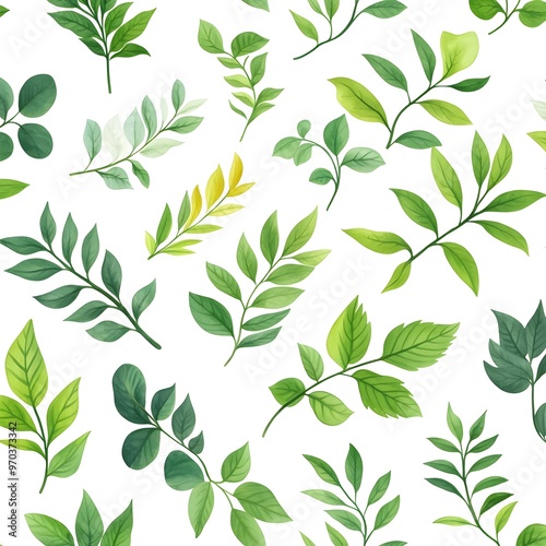 Seamless Botanical Pattern with Fresh and Natural Leaves on White Background