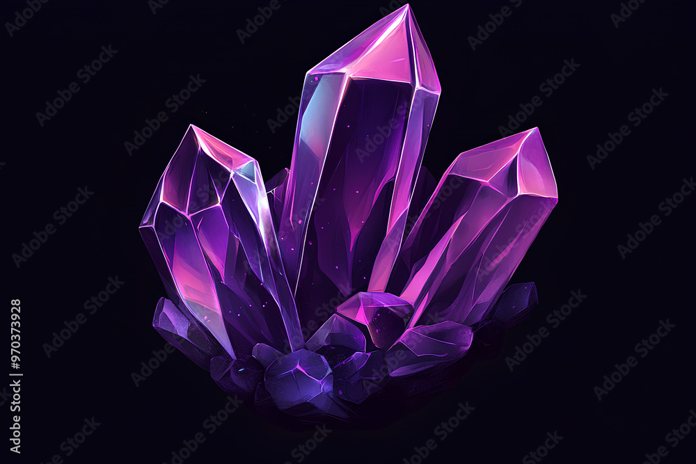 A cluster of vibrant purple crystals with sharp facets and a glossy finish. A cluster of vibrant purple crystals with sharp facets and a glossy finish.
