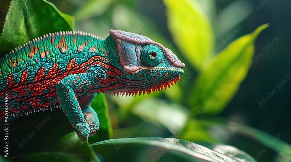 Fototapeta premium Colorful Chameleon on Green Leaves Reptile Closeup