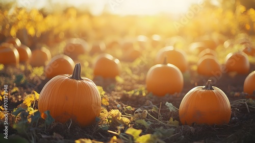 Pumpkins in a field at sunset