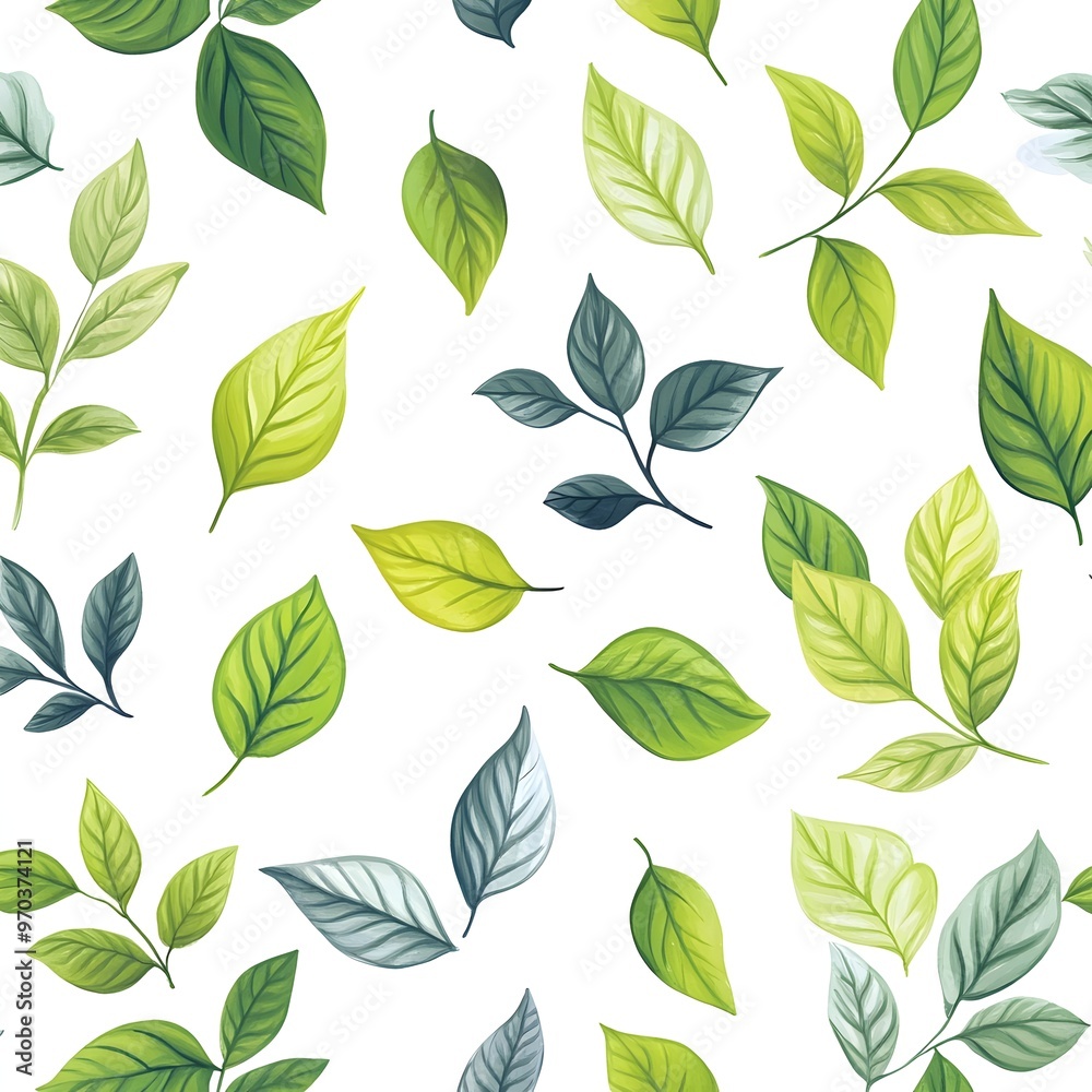Obraz premium Seamless Botanical Pattern with Fresh Green Leaves on White Background