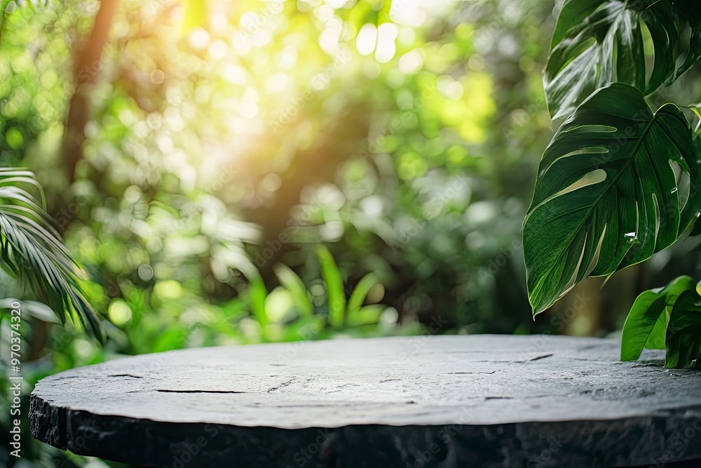 Stone tabletop podium floor in outdoors tropical garden forest blurred green leaf plant nature background.Natural product placement pedestal stand display,jungle paradise concept, ai Stone tabletop podium floor in outdoors tropical garden forest blurred green leaf plant nature background.Natural product placement pedestal stand display,jungle paradise concept, ai