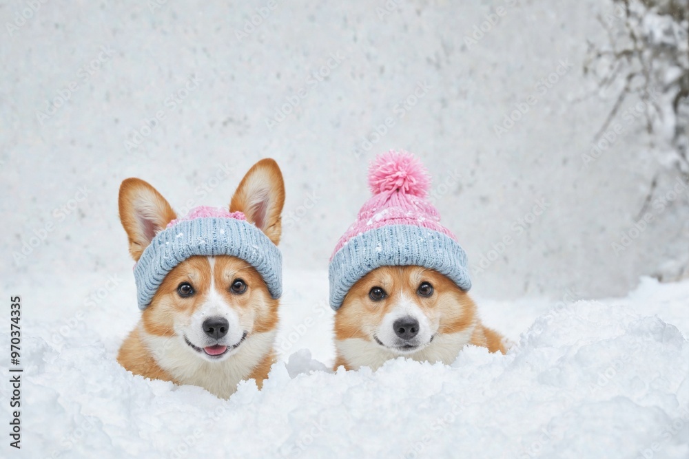 Two Pembroke Welsh Corgis peeking out from behind In heavy snowf Two Pembroke Welsh Corgis peeking out from behind In heavy snowf