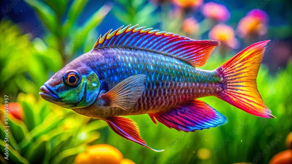 Vibrant peacock fish glide effortlessly through a vibrant coral reef, their iridescent scales shimmering in the Vibrant peacock fish glide effortlessly through a vibrant coral reef, their iridescent scales shimmering in the