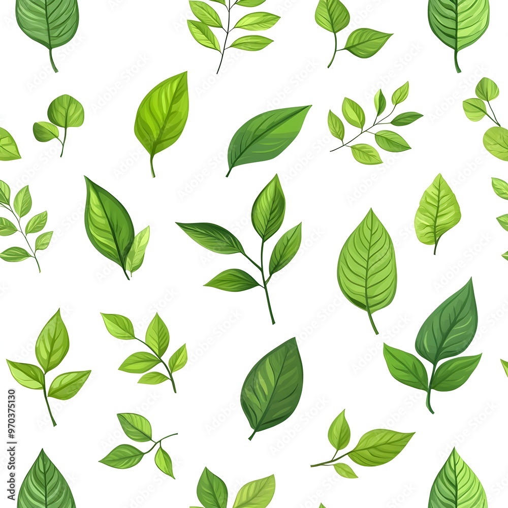 Seamless Pattern of Diverse and Fresh Green Leaves on White Background Seamless Pattern of Diverse and Fresh Green Leaves on White Background
