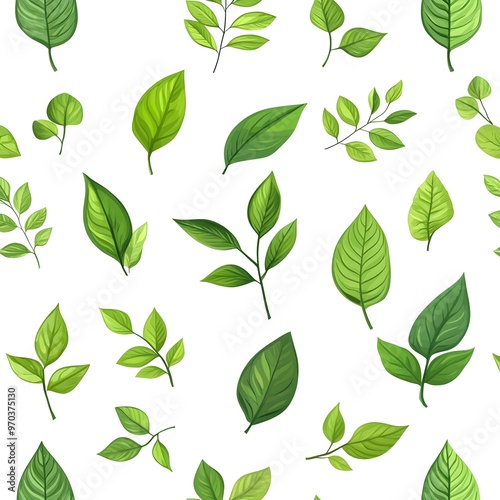 Seamless Pattern of Diverse and Fresh Green Leaves on White Background