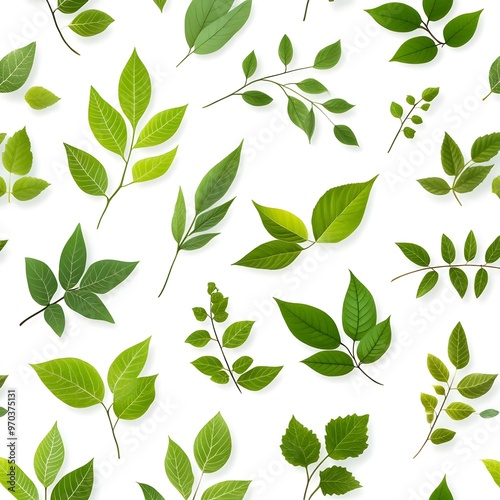 Seamless Natural Leaf Pattern on White Background with Fresh Green Foliage